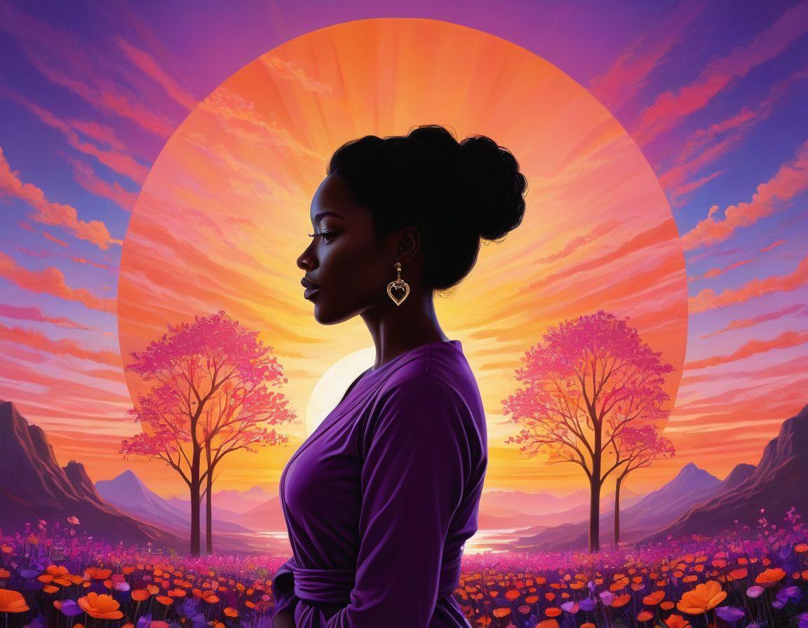 A powerful woman standing strong with arms crossed, surrounded by symbols of reproductive health and freedom like flowers, a scale, and a heart, radiating a sense of empowerment and determination. The background features a vibrant sunset that signifies hope and change, with silhouettes of diverse women joining her in solidarity. super-realistic. vibrant colors. inspirational.