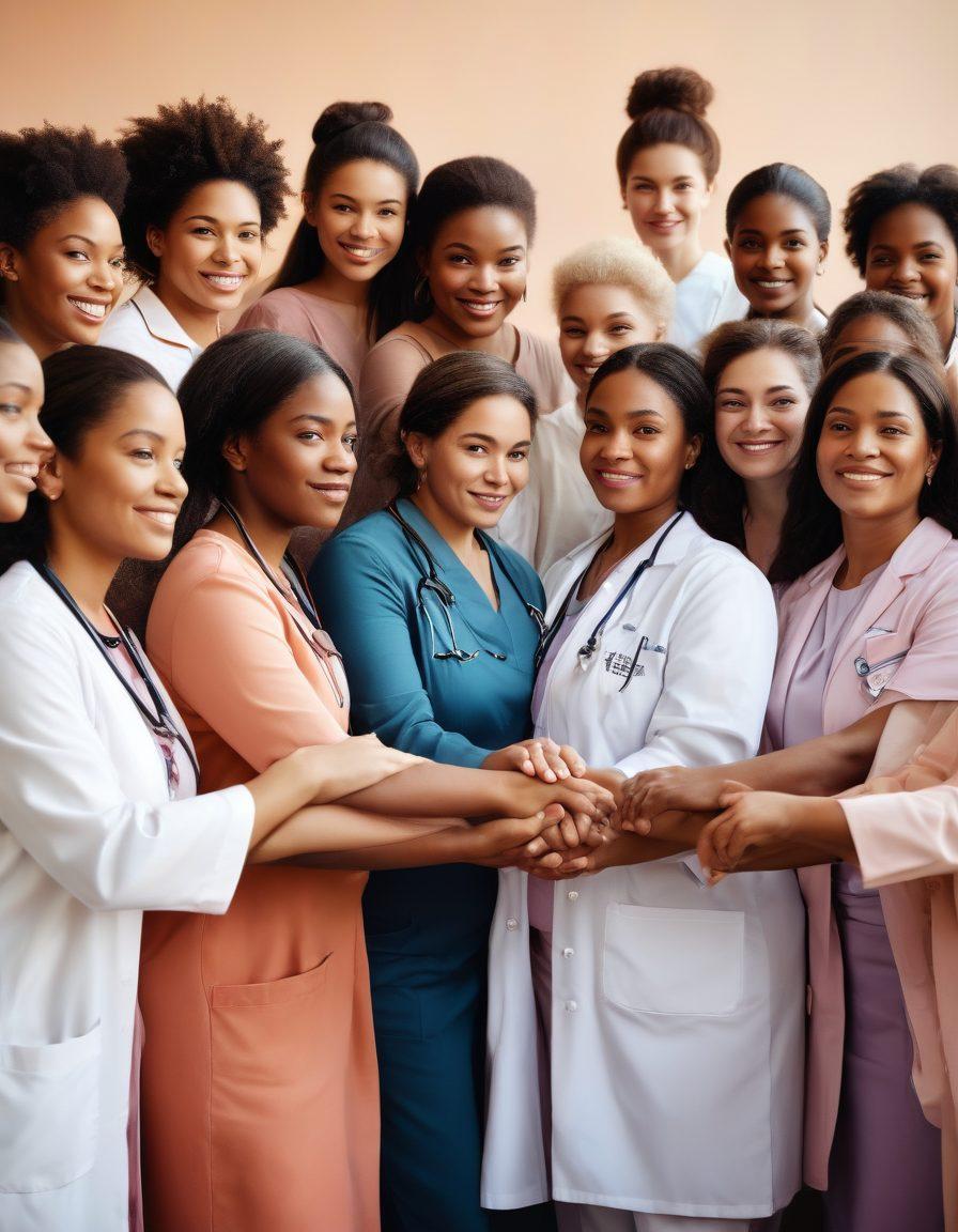 A diverse group of women of different ages and backgrounds standing together in a healthcare setting, holding hands in solidarity. In the background, symbols of healthcare like medical equipment and pamphlets promoting women's rights. A soft, welcoming color palette that evokes inclusivity and empowerment. The scene should convey a sense of action and hope, emphasizing the theme of advocacy transforming into tangible support. super-realistic. vibrant colors. natural lighting.