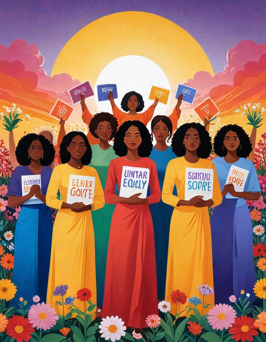 A powerful illustration of a diverse group of women standing together, symbolizing gender equality and reproductive freedom. They hold colorful signs representing informed choices, surrounded by blooming flowers that signify empowerment and growth. The background features a bright sunrise, symbolizing hope and new beginnings. The scene conveys unity, strength, and determination. vibrant colors. super-realistic.